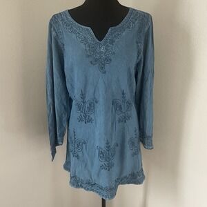 AGAN TRADERS Tunic Top Sz L Blue Diamond Neck Embroidered Renaissance RenFaire